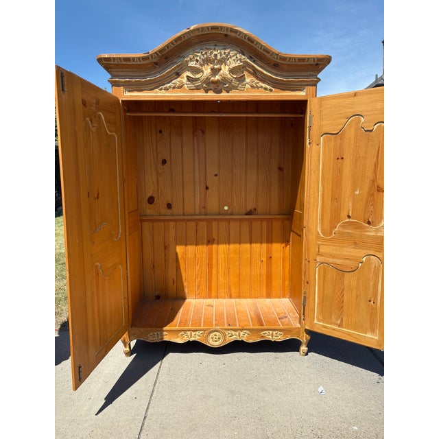 Rustic Scrubbed Pine Hand Carved French Country Armoire For Sale In Philadelphia - Image 6 of 12