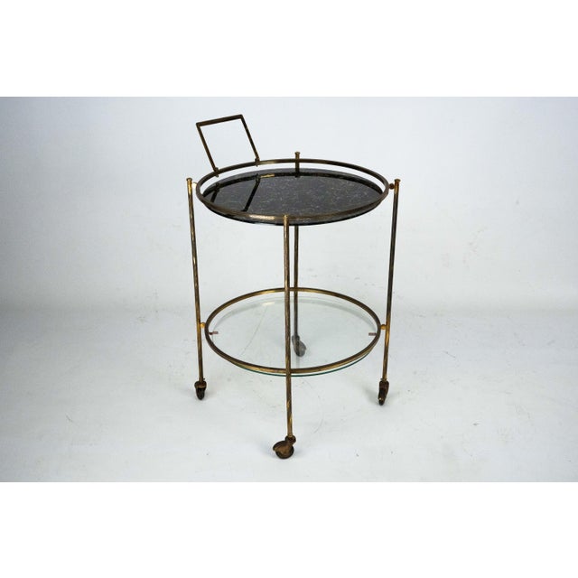 Metal Mid-Century Round Brass and Marble-Effect Glass Bar Cart, Italy, 1950s For Sale - Image 7 of 15