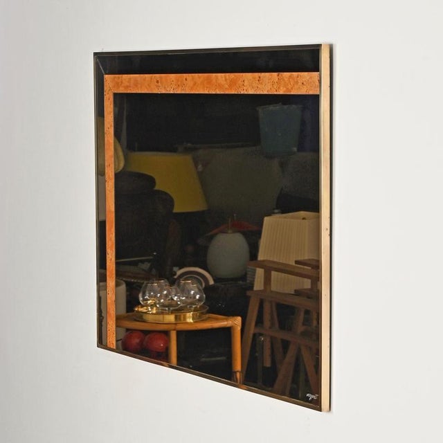 Large Smoked Glass, Poplar Burl and Brass Mirror by Romeo Rega for Nazaret, Italy, 1970s For Sale - Image 11 of 15