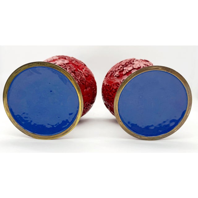 Unique Chinese Carved Cinnabar Vase, Same Shape, Different Decoration - a Pair For Sale - Image 12 of 12