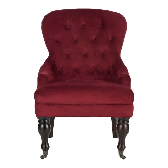 Tufted Armchair, Red Velvet & Java For Sale