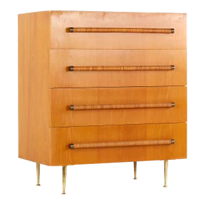 Robsjohn Gibbings for Widdicomb Mid Century 4 Drawer Walnut, Cane and Brass Highboy Dresser