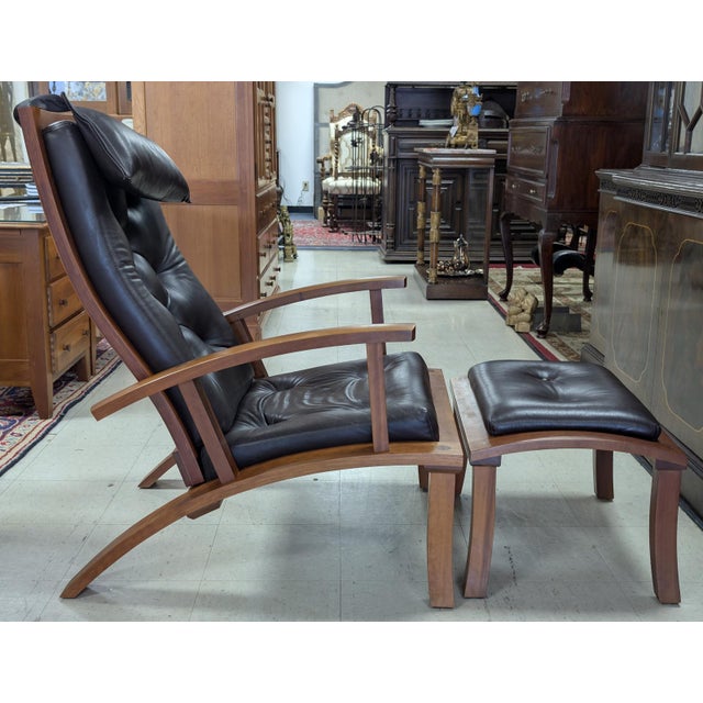 Mid-Century Modern Thos. Moser “Lolling” Lounge Chair and Ottoman, Hard Wood, Leather For Sale - Image 3 of 15