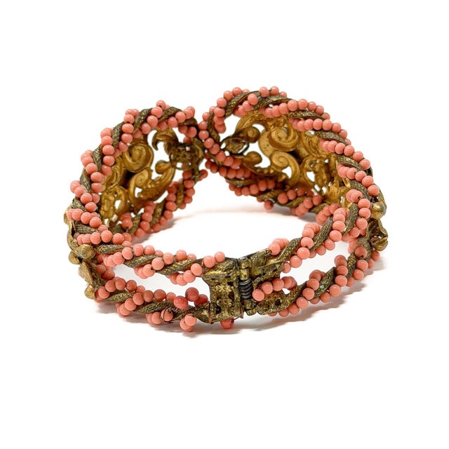 Red Vintage Coral Glass and Yellow Rhinestone Clamper Cuff, 1940 For Sale - Image 8 of 11