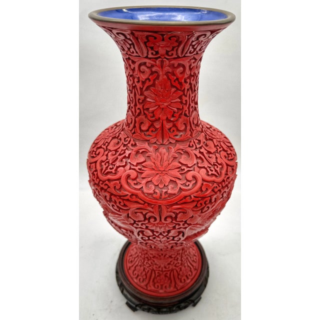 Chinese Unique Chinese Carved Cinnabar Vase, Same Shape, Different Decoration - a Pair For Sale - Image 3 of 12