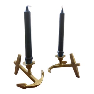 Mid-Century Brass Anchor Candlestick Holders- a Pair For Sale