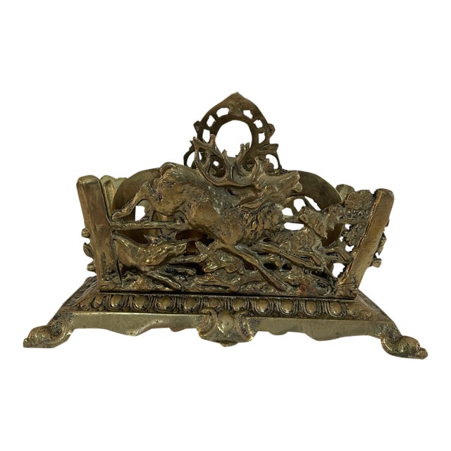19th Century Antique Bradley Hubbard Brass Hunting Scene Letter Holder For Sale