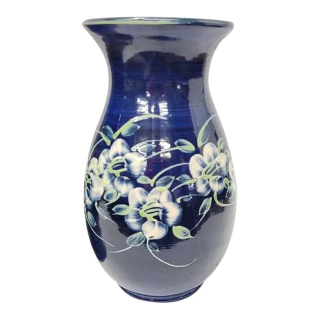 Vintage 1980s French Navy Blue Flower Hand Painted Terracotta Art Pottery Vase For Sale