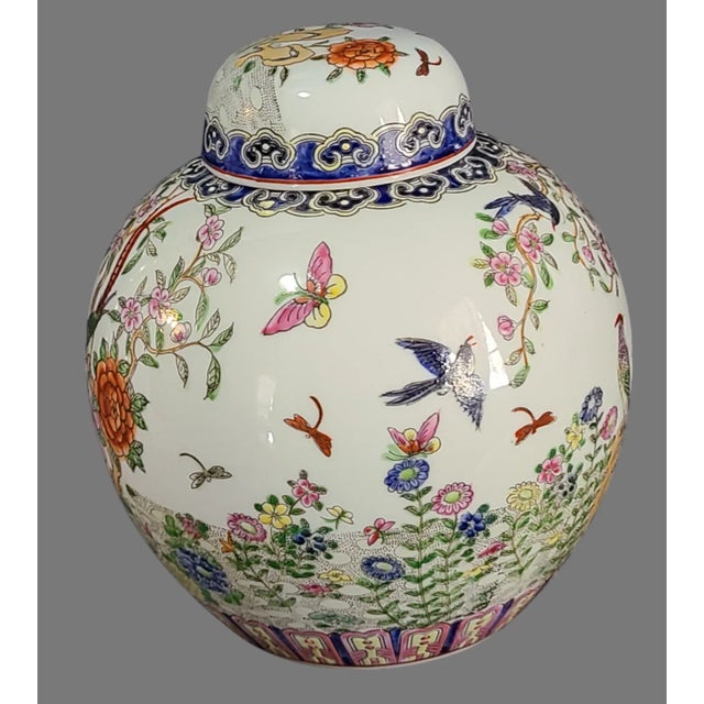 Late 20th Century Vintage Asian Macau Hand Painted Colorful Floral Birds Ginger Jar Marked For Sale - Image 5 of 9