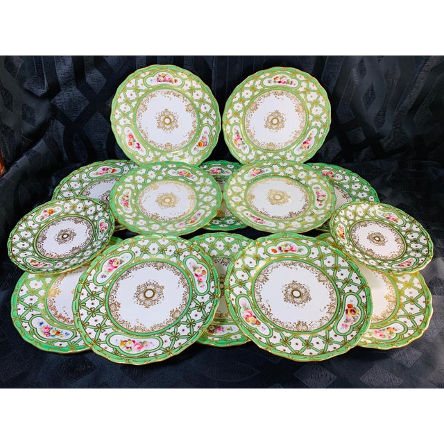 Early 19th Century Rare Green and Gold Floral Davenport Longfort Staffordshire Plates - Set of 14 For Sale - Image 11 of 11