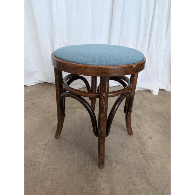 Vintage Bentwood Stools with Blue Upholstered Seats, 1970s, Set of 2 For Sale - Image 3 of 15