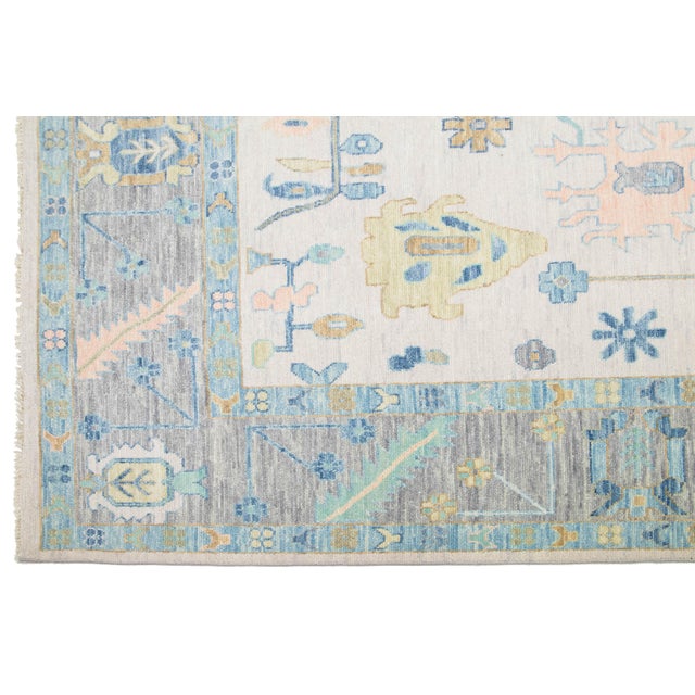 Contemporary Hand-Knotted Floral Oushak Style Wool Rug in Beige For Sale In New York - Image 6 of 9