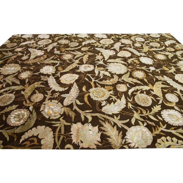 Modern 2010s Brown Modern Ikat Handmade Floral Pattern Designed Wool Rug For Sale - Image 3 of 7