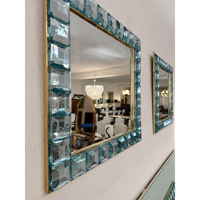 Aqua Handmade Aqua-Blue Murano Glass Cube Mirrors with Brass Frame, 2000s, Set of 2 For Sale - Image 8 of 11