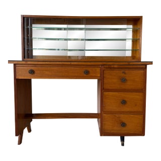 1950’s Mid-Century Modern Solid Wood Desk With Glass Top and Wall Mounted Display Shelf For Sale
