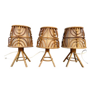 Mid-Century French Rattan and Wicker Table Lamps attributed to Louis Sognot, 1960s, Set of 3 For Sale