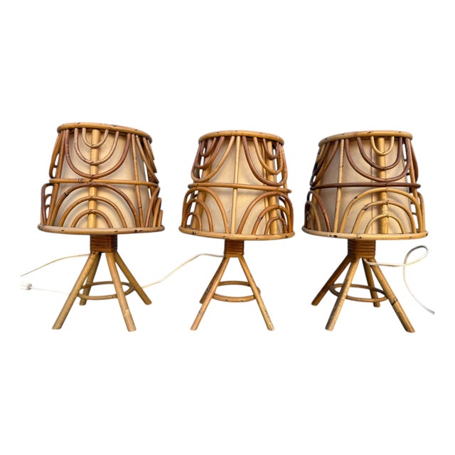 Mid-Century French Rattan and Wicker Table Lamps attributed to Louis Sognot, 1960s, Set of 3 For Sale