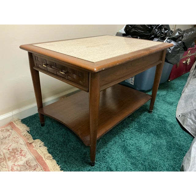Vintage Lane Perception Mid-Century Modern End Table With Basketweave Drawer and Travertine Top For Sale In Baltimore - Image 6 of 9