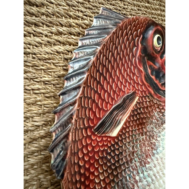 Red Early 20th Century Bordallo Pinheiro Portuguese Majolica Fish Plate Platter For Sale - Image 8 of 11