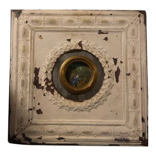 Cheryl Fudge Mixed Media Wall Sculpture – Reclaimed Tin Panel With Convex Mirror, One-of-a-Kind (23.5”) For Sale