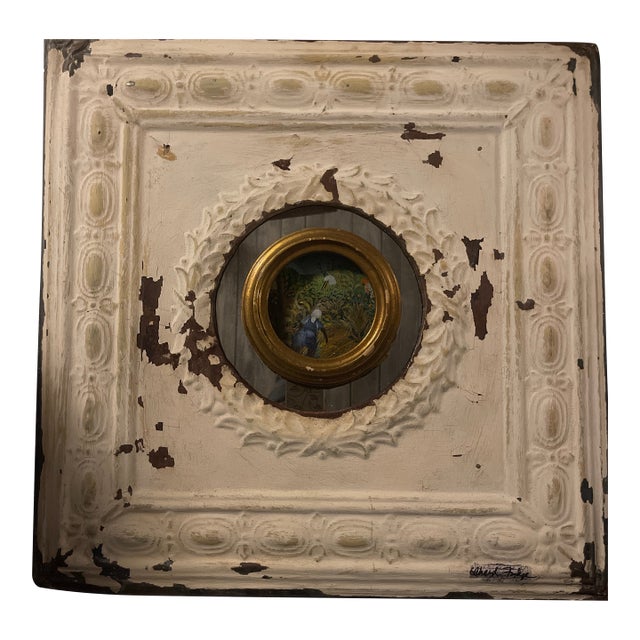 Cheryl Fudge Mixed Media Wall Sculpture – Reclaimed Tin Panel With Convex Mirror, One-of-a-Kind (23.5”) For Sale