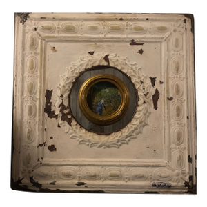 Cheryl Fudge Mixed Media Wall Sculpture – Reclaimed Tin Panel With Convex Mirror, One-of-a-Kind (23.5”)