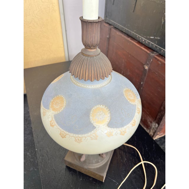Mid-Century Modern Vintage Hollywood Regency Mid Century Table Lamp - Brass, Blue Milk Glass, Gold Stenciled For Sale - Image 3 of 9