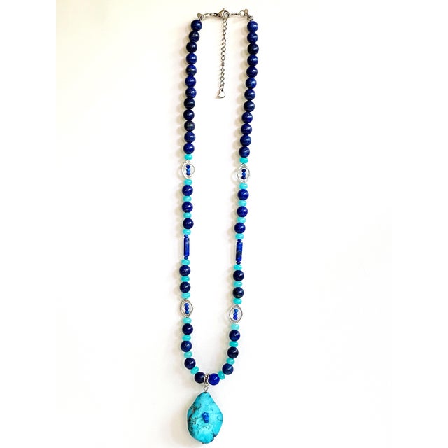 Artisan One-of-a-Kind Gemstone Necklace With Vintage Arizona Turquoise, Lapis Lazuli & Blue Chalcedony For Sale - Image 18 of 18