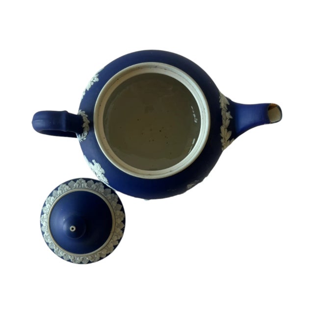 Antique Cobalt Blue Jasperware Wedgwood Teapot With Kintsugi Repair For Sale - Image 9 of 11