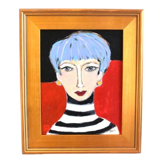 French Mademoiselle W/ Lavender Hair Painting, by the Talented Artist Ruth Arenz Including the Antiqued Gold Wood Frame For Sale