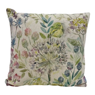 16" Square Pillow Decorated With Colorful Allium, Clover Flowers & Birds - Made in Uk. For Sale