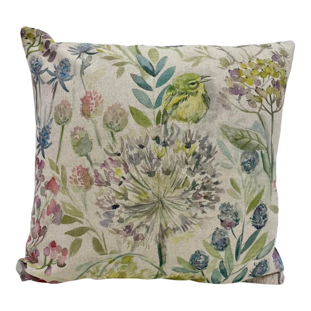 16" Square Pillow Decorated With Colorful Allium, Clover Flowers & Birds - Made in Uk. For Sale