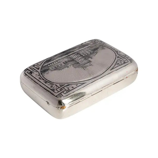 Late 19th Century Antique Engraved 84 Silver Niello Tobacco Case Box, 1886 For Sale - Image 5 of 11