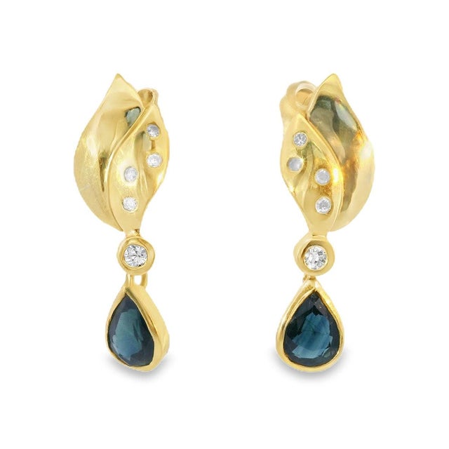 Mid-Century Modern Mid 20th Century 14k Yellow Gold Diamond Sapphire Tear Drop Pear Dangle Earrings, Pair For Sale - Image 3 of 4
