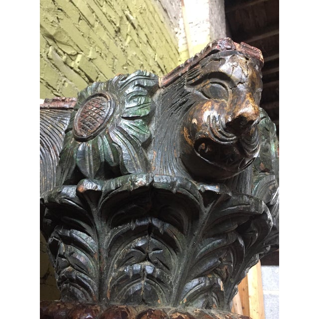 1930s Vintage Painted and Heavily Carved Teak Wood Columns With Lions - a Pair For Sale - Image 9 of 13