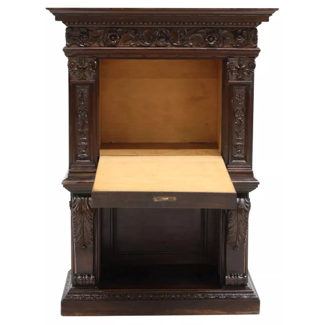 Italian Early 1900s, Antique, Italian Renaiss. Revival, Carved, Walnut, Fall-Front, Cabinet For Sale - Image 3 of 6