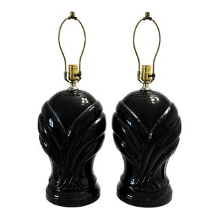 Vintage 1980s Postmodern Black Glazed Ceramic Table Lamps — Pair For Sale