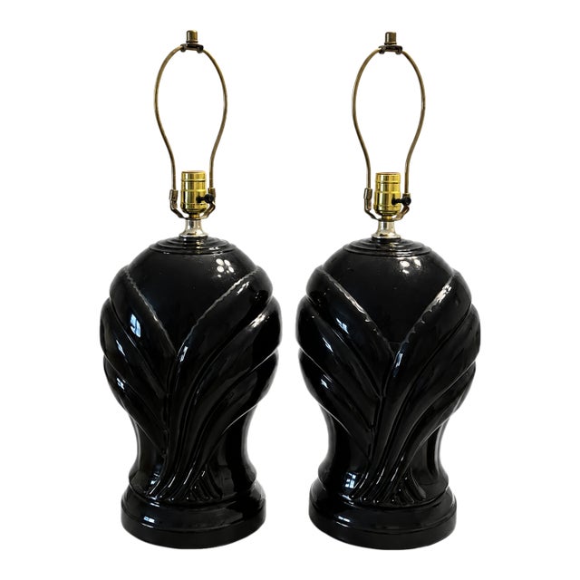 Vintage 1980s Postmodern Black Glazed Ceramic Table Lamps — Pair For Sale