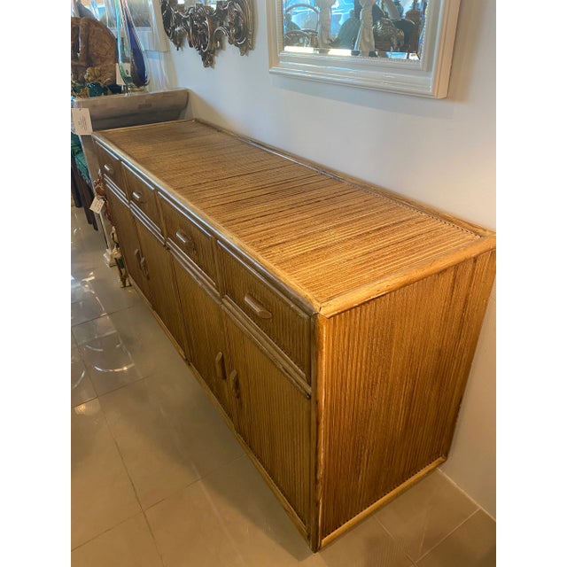 Brown Vintage Palm Beach Bamboo Pencil Reed Credenza Cabinet Buffet Drawers Dresser For Sale - Image 8 of 12