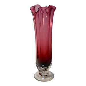 Art Glass Red Stemmed Ruffled Vase