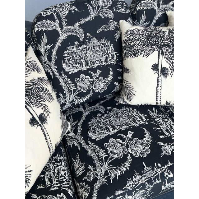 Wood Vintage Black Rattan Sofa in Quadrille “Royal Journey” For Sale - Image 7 of 18