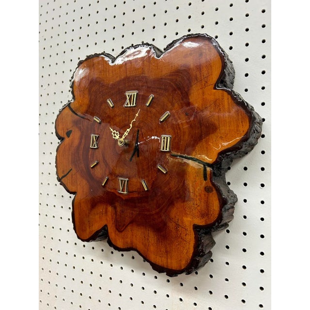 1960s Mid Century Modern Live Edge Wall Clock With Brass Hardware For Sale - Image 5 of 6