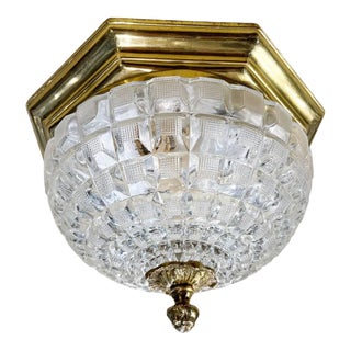 1940’s Cut Crystal and Bronze Flush Mounted Light Fixture For Sale