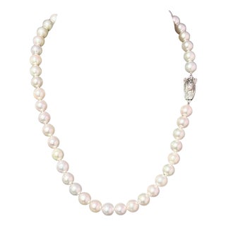 1990s Mikimoto Akoya Pearl Necklace 17" Sterling Silver 8 - 8.5 mm Estate For Sale