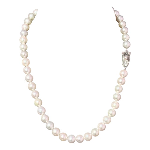 1990s Mikimoto Akoya Pearl Necklace 17" Sterling Silver 8 - 8.5 mm Estate For Sale