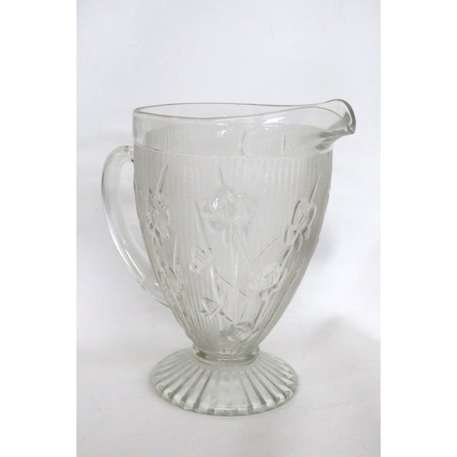 Early 20th Century Jeannette Iris and Herringbone Footed Pitcher Clear Glass Embossed Design 4863b For Sale - Image 5 of 15