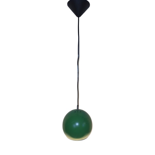 Vintage German Hanging Lamp with Green Spherical Metal Shade and White Aluminum Reflector, 1970s For Sale