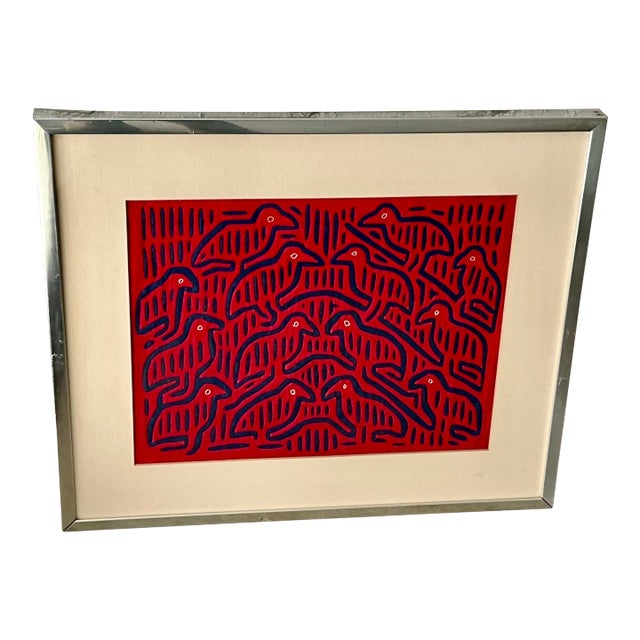 1960s Mid-Century Modern Framed Textile Art in Red and Blue For Sale