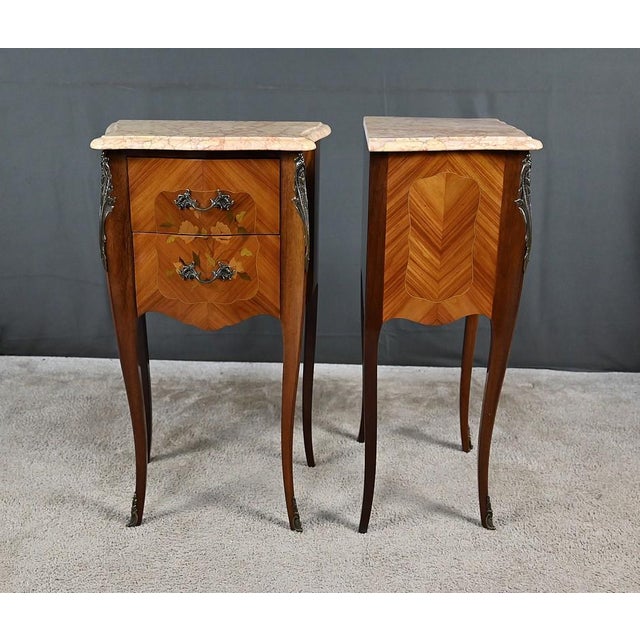 Louis XV Style Marquetry Bedside Tables, Late 20th Century, Set of 2 For Sale - Image 15 of 18