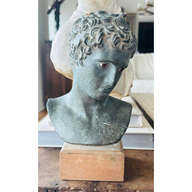 Vintage Head Bust in Stone, Verdigris Finish For Sale - Image 4 of 5